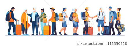 passengers with luggage standing together in line queue travel vacation concept horizontal passengers with luggage standing together in line queue travel vacation concept horizontal 113350328