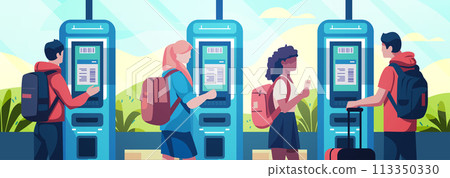 mix race passengers in arrival waiting room self check in at automatic machine or buying tickets in interactive terminal travel service concept 113350330