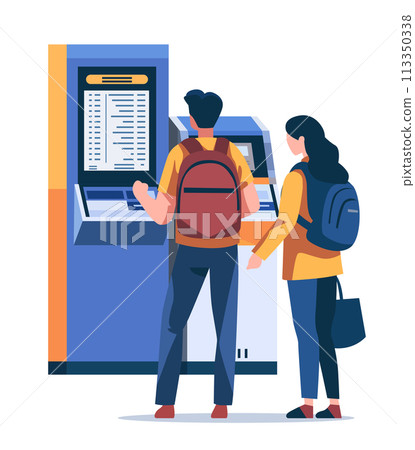 Passengers buying electronic train tickets at self service digital terminal railway railroad transport concept vertical 113350338