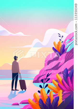 man traveler with luggage standing on tropical beach summer vacation time to travel concept seascape background vertical 113350349