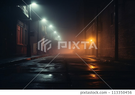 A dark and foggy city street at night with red light peeking through from a window 113350456