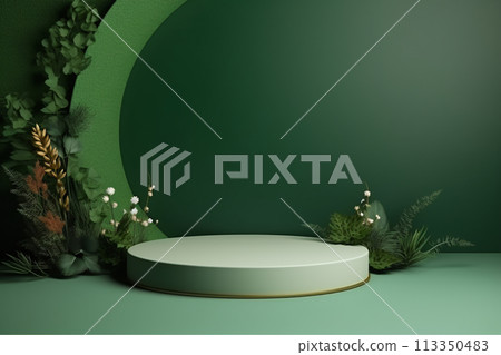 A round podium platform surrounded by plants with a green backdrop 113350483