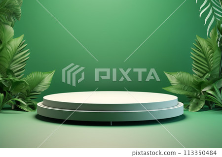A round podium platform surrounded by plants with a green backdrop 113350484