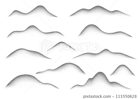 Noisy grainy mountains with gradient stipple sand effect isolated on white background. Dotted black abstract vector texture. Wavy grunge spray gradation shapes. Vintage stipple hills shade. 113350628