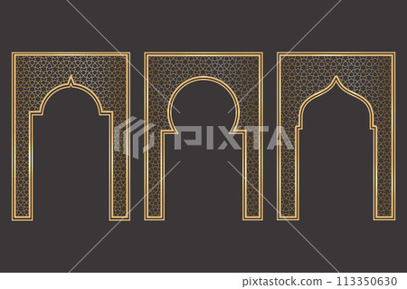 Ramadan Islamic arch frame with ornament. Vector Muslim traditional door illustration for wedding invitation post and templates. Golden frames in oriental style. Persian windows shapes set. Ramadan Islamic arch frame with ornament. Vector Muslim traditional door illustration for wedding invitation post and templates. Golden frames in oriental style. Persian windows shapes set. 113350630