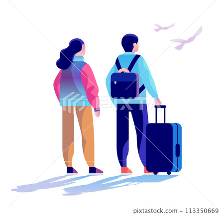 travelers couple with luggage standing together summer vacation time to travel concept 113350669