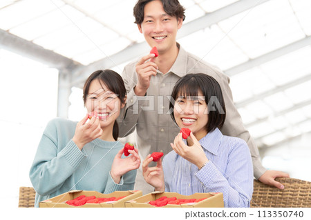 Smiling young people eating strawberries 113350740