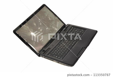 Old broken laptop isolated on white background 113350787