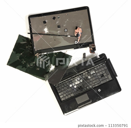 Old broken laptop isolated on white background 113350791