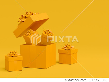 Gift boxes with ribbon and bow for Christmas flying and falling on monochrome Gift boxes with ribbon and bow for Christmas flying and falling on monochrome 113351102