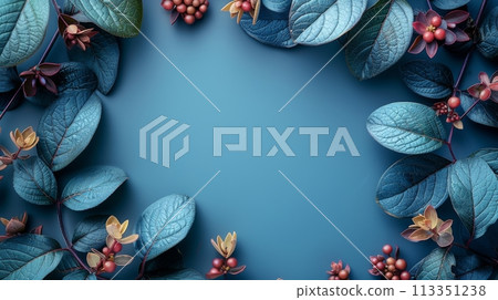 Lush Botanical Frame with Blue Leaves and Red Berries 113351238