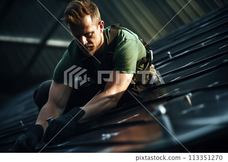 Solar Panel Installation at Dusk 113351270