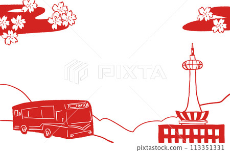 Retro Kyoto Tower and bus illustration 113351331