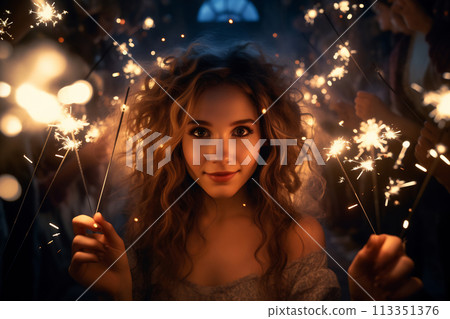 Woman with Sparklers Illuminating the Night Woman with Sparklers Illuminating the Night 113351376
