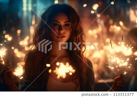 Woman with Sparklers in Enigmatic Light 113351377