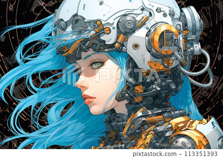 Futuristic Cyborg Portrait with Blue Hair Futuristic Cyborg Portrait with Blue Hair 113351393