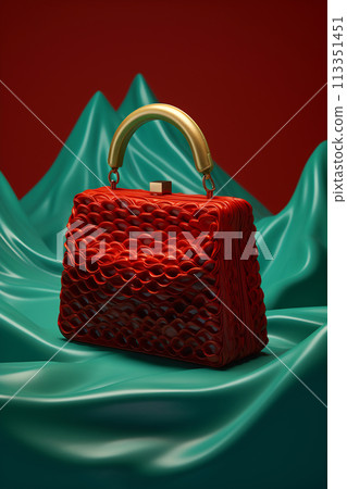 Red Woven Basket Bag on Vivid Backdrop 113351451