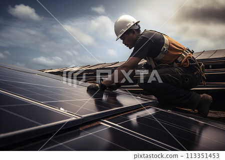 Solar Panel Installation at Sunset 113351453