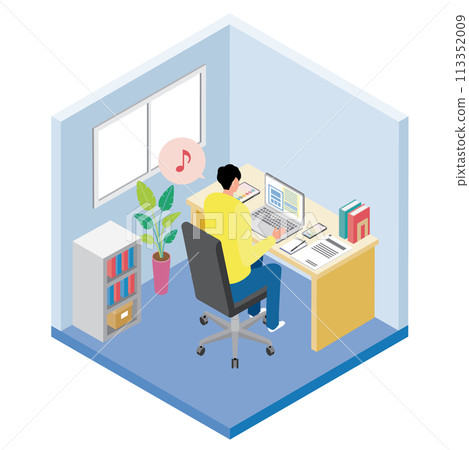 Isometric_A man working smoothly with remote work 113352009