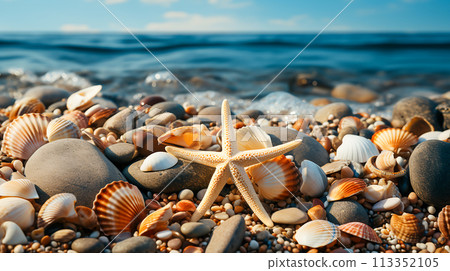 Beach Landscape: Blue Sky, Golden Sands, and Turquoise Waters, Generative Ai 113352105
