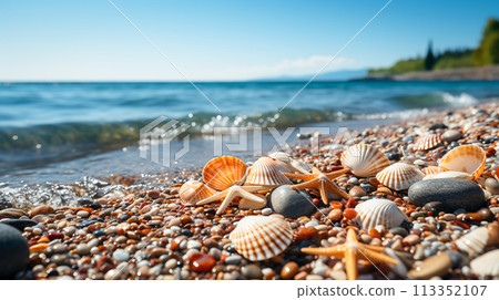 Beach Landscape: Blue Sky, Golden Sands, and Turquoise Waters, Generative Ai 113352107