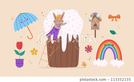 Cute rabbit bake and decorate Easter cake with chicks. Vector illustration for Easter day. Illustration for greeting cards, posters, banners and stickers. 113352135