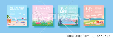 Set of summer travel and vacation posters. Landscapes of sea resorts, mountains and fields. Road with trees and transport near the city. Template for poster, web page or banner. Flat vector Set of summer travel and vacation posters. Landscapes of sea resorts, mountains and fields. Road with trees and transport near the city. Template for poster, web page or banner. Flat vector 113352642