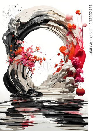 Japanese zen style abstract art illustration using brush stroke style. Black ink with no background images, plain white background. Japanese zen style abstract art illustration using brush stroke style. Black ink with no background images, plain white background. 113352931