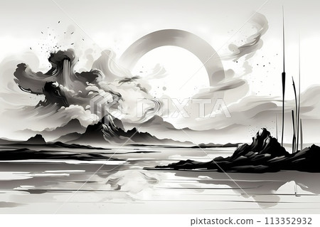 Japanese zen style abstract art illustration using brush stroke style. Black ink with no background images, plain white background. Japanese zen style abstract art illustration using brush stroke style. Black ink with no background images, plain white background. 113352932