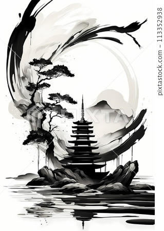 Japanese zen style abstract art illustration using brush stroke style. Black ink with no background images, plain white background. 113352938
