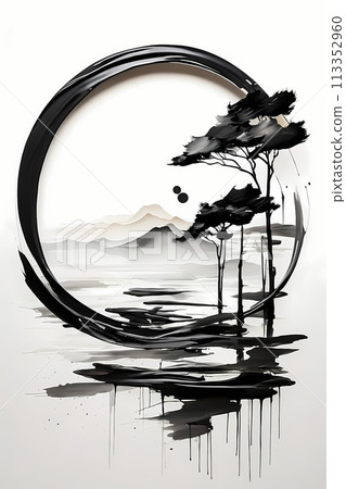 Japanese zen style abstract art illustration using brush stroke style. Black ink with no background images, plain white background. 113352960