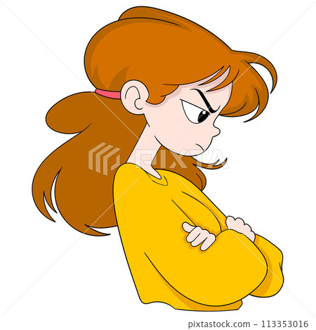 beautiful brown haired woman looks gloomy and angry from the side 113353016