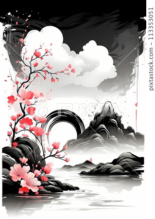 Japanese zen style abstract art illustration using brush stroke style. Black ink with no background images, plain white background. 113353051