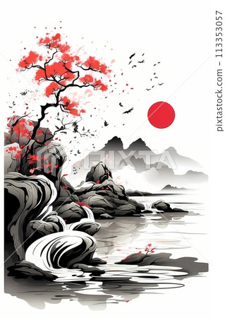 Japanese zen style abstract art illustration using brush stroke style. Black ink with no background images, plain white background. 113353057
