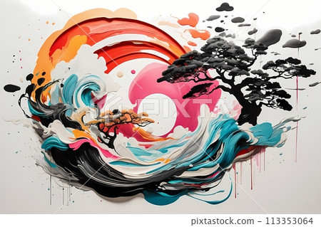 Japanese zen style abstract art illustration using brush stroke style. Black ink with no background images, plain white background. 113353064