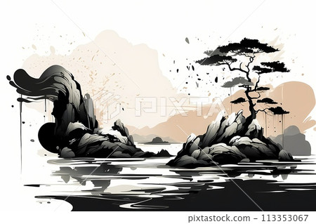 Japanese zen style abstract art illustration using brush stroke style. Black ink with no background images, plain white background. Japanese zen style abstract art illustration using brush stroke style. Black ink with no background images, plain white background. 113353067