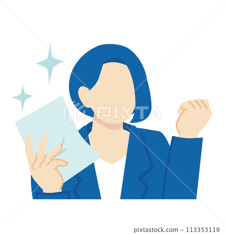 A motivated woman in a navy blue suit holding documents 113353119