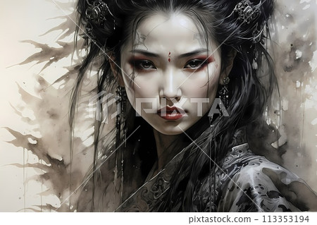 A hauntingly handsome Chinese warrior made with ink on old rice paper, handmade painting, traditional art style. 113353194