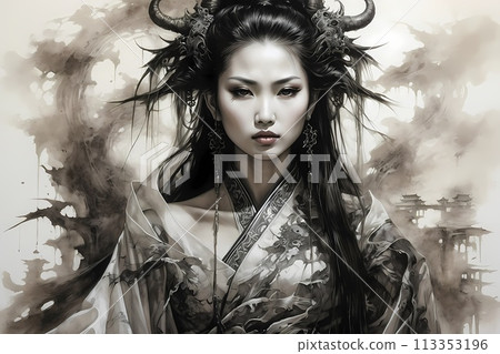 A hauntingly handsome Chinese warrior made with ink on old rice paper, handmade painting, traditional art style. A hauntingly handsome Chinese warrior made with ink on old rice paper, handmade painting, traditional art style. 113353196