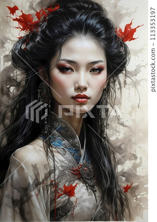 A hauntingly handsome Chinese warrior made with ink on old rice paper, handmade painting, traditional art style. 113353197