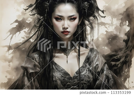 A hauntingly handsome Chinese warrior made with ink on old rice paper, handmade painting, traditional art style. A hauntingly handsome Chinese warrior made with ink on old rice paper, handmade painting, traditional art style. 113353199