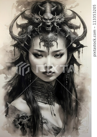 A hauntingly handsome Chinese warrior made with ink on old rice paper, handmade painting, traditional art style. 113353205