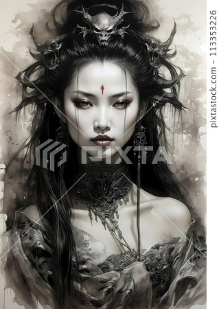 A hauntingly handsome Chinese warrior made with ink on old rice paper, handmade painting, traditional art style. 113353226