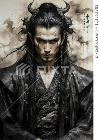A hauntingly handsome Chinese warrior made with ink on old rice paper, handmade painting, traditional art style. 113353282