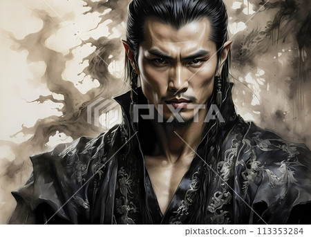 A hauntingly handsome Chinese warrior made with ink on old rice paper, handmade painting, traditional art style. 113353284