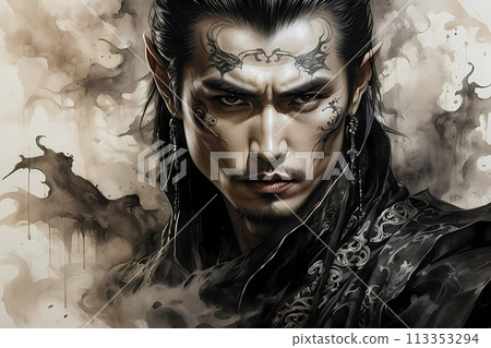 A hauntingly handsome Chinese warrior made with ink on old rice paper, handmade painting, traditional art style. 113353294