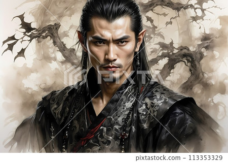 A hauntingly handsome Chinese warrior made with ink on old rice paper, handmade painting, traditional art style. 113353329