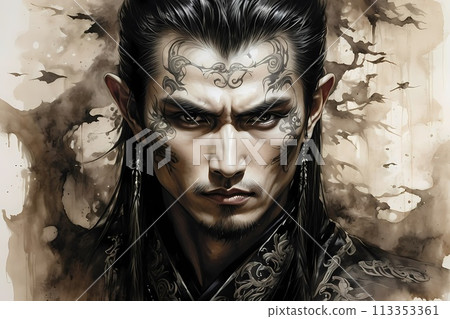 A hauntingly handsome Chinese warrior made with ink on old rice paper, handmade painting, traditional art style. A hauntingly handsome Chinese warrior made with ink on old rice paper, handmade painting, traditional art style. 113353361