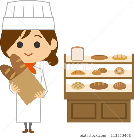 一名在麵包店工作的婦女的圖像插圖 113353408