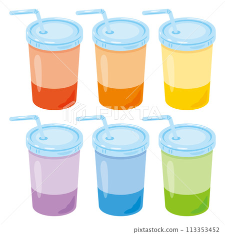 Colorful paper cup set with lids and straws Colorful paper cup set with lids and straws 113353452